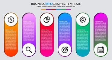 modelo de infográfico de vetor com seis etapas ou opções. seis elementos gráficos coloridos. layout do projeto do infográfico. o projeto de conceito de negócio pode ser usado para web, brochura, diagrama