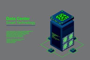 data center com racks de servidores isométricos. equipamento de rede de internet, tecnologia inteligente, sinal de banco de dados em nuvem, ilustração vetorial de tecnologia de computador. vetor