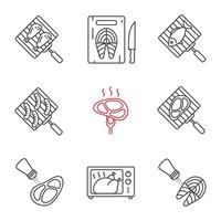 conjunto de ícones lineares de preparação de alimentos. churrasco. grelhar, salgar, cortar, cozedura de peixe no microondas, carnes e enchidos. símbolos de contorno de linha fina. ilustrações isoladas de contorno vetorial vetor