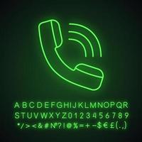 ícone de luz de néon do aparelho. chamada recebida. hotline. suporte por telefone. sinal brilhante com alfabeto, números e símbolos. ilustração isolada do vetor