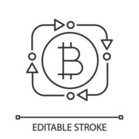 bitcoin troca ícone linear. transação de moeda digital. setas do círculo com bitcoin dentro. símbolo de contorno de criptomoeda de reembolso. fintech, big data. desenho de contorno isolado do vetor. curso editável vetor