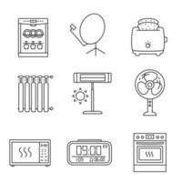 conjunto de ícones lineares de eletrodomésticos. lava-louças, antena parabólica, torradeira, radiador, aquecedor infravermelho, ventilador, forno microondas, relógio digital, fogão. ilustrações isoladas de contorno vetorial. curso editável vetor