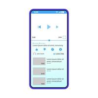 modelo de vetor de interface de aplicativo de compartilhamento de vídeo. layout de design azul da página do aplicativo móvel. tela multimídia. interface do usuário plana para hospedagem, visualização e streaming de conteúdo de vídeo. display do telefone