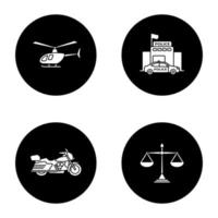 conjunto de ícones de glifo da polícia. helicóptero, motocicleta, balanças de justiça, delegacia de polícia. Ilustrações de silhuetas brancas em círculos pretos vetor