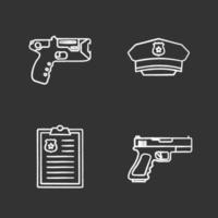 conjunto de ícones de giz de polícia. taser, chapéu, relatório policial, arma. ilustrações vetoriais isoladas em quadro-negro vetor