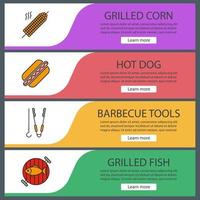 conjunto de modelos de banner da web de churrasco. itens de menu de cores do site. churrasco milho grelhado, cachorro-quente, pinça e espeto, peixe na grelha. conceitos de design de cabeçalhos de vetor