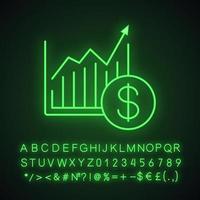 ícone de luz de néon do gráfico de crescimento do mercado. diagrama de estatísticas com cifrão. sinal brilhante com alfabeto, números e símbolos. ilustração isolada do vetor