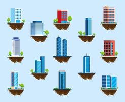 conjunto de ícones de edifícios sobre terreno, paisagem urbana vetor