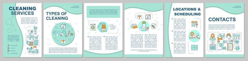 layout de modelo de folheto de serviços de limpeza. livreto, design de impressão de folheto, ilustrações lineares. métodos de limpeza a seco e com vapor. layouts de página de vetor para revistas, relatórios anuais, pôsteres de publicidade