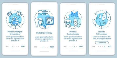 Tela da página do aplicativo móvel de integração de serviços pediátricos com conceitos lineares. instruções gráficas de etapas do passo a passo de imunologia, endocrinologia, pneumologia. modelo de vetor ux, ui, gui com ilustrações