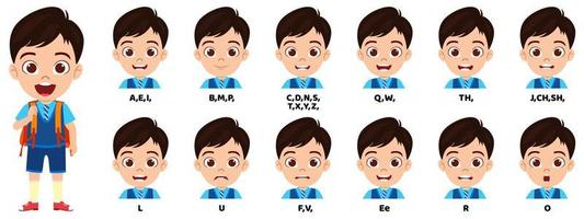 Saco de criança bonito garoto de escola com pacote de animação de boca e conjunto de sincronização labial para animação e pronúncia de som vetor