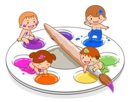ilustração dos desenhos animados de lindos filhos brincando na paleta de mistura de cores. vetor