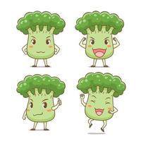 conjunto de brócolis bonito dos desenhos animados em poses diferentes. vetor