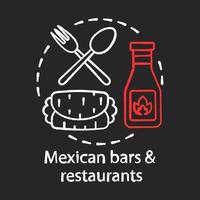 bares e restaurantes mexicanos ícone do conceito de giz. kebab, molho de pimenta picante, talheres. burrito tradicional. ideia de bistrô de refeição picante. ilustração vetorial isolada no quadro-negro vetor