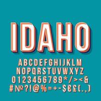 idaho letras de vetor 3d vintage. fonte retro em negrito, tipo de letra. texto estilizado de pop art. letras do estilo da velha escola, números, símbolos, pacote de elementos. Pôster dos anos 90, 80, banner. fundo de cor de pinho