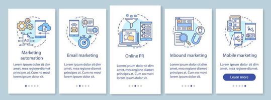 táticas de marketing digital integrando a tela da página do aplicativo móvel com conceitos lineares. Passo a passo da campanha publicitária passo a passo instruções gráficas. modelo de vetor ux, ui, gui com ilustrações