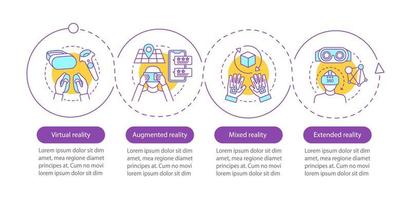 modelo de infográfico de vetor de realidade estendida. realidades virtuais, mistas e aumentadas. visualização de dados com quatro etapas e opção. gráfico de linha do tempo do processo. layout de fluxo de trabalho com ícones