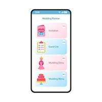 modelo de interface de smartphone de planejador de casamento. evento, layout de design de página de aplicativo móvel de preparação de festa. tela do planejador nupcial. casamento, aplicativo de organizador de celebração de casamento ui plana. display do telefone vetor