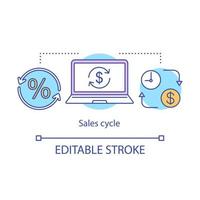 ícone do conceito de ciclo de vendas. ilustração de linha fina de ideia de estratégia de marketing. prospecção de vendas. fazer oferta. fechar negócio. software de sistema crm. desenho de contorno isolado do vetor. curso editável vetor