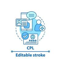 ícone do conceito de cpl. programa de fidelidade do cliente. custo por ilustração de linha fina de ideia de chumbo. taxa de conversão de vendas. Desenho de contorno isolado de vetor. curso editável vetor