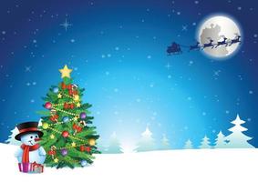 boneco de neve e árvore de natal ficam na neve enquanto o papai noel voa para longe depois de enviar um presente para ele