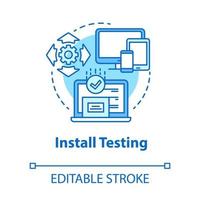 instalar o ícone de conceito turquesa de teste. ilustração de linha fina de ideia de estágio de programação de software. desenvolvimento de aplicativos. teste de implementação. ele projeta. desenho de contorno isolado do vetor. curso editável vetor