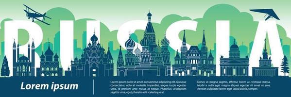 estilo de silhueta de marco famoso da Rússia, texto dentro, viagens e turismo, tema de cores em tons de azul e verde