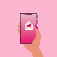 enviando o conceito de mensagem de amor. sites, banners, design de infográficos. conjunto de telefones celulares com mensagem, ícone de sinal de vetor de coração. conjunto de ilustrações vetoriais plana dos desenhos animados para o dia dos namorados.