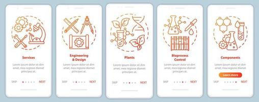 modelo de vetor de tela de página de aplicativo móvel de integração de bioengenharia. passo a passo do site com ilustrações lineares. serviços e instalações, componentes. conceito de interface de smartphone ux, ui, gui