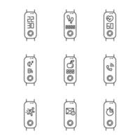 rastreador de aptidão conjunto de ícones lineares de funções. acessório para monitoramento de saúde. dispositivo de bem-estar com notificações e lembretes. símbolos de linha fina. ilustrações isoladas de contorno vetorial. curso editável vetor