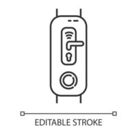 rastreador de fitness com ícone linear de função de fechadura digital. dispositivo vestível com opção de controle de casa inteligente. ilustração de linha fina. símbolo de contorno. desenho de contorno isolado do vetor. curso editável vetor