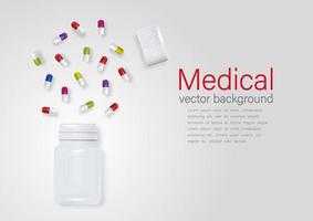 banner de vetor com garrafa de plástico 3d realista e modelo de design de pílulas, clipart, maquete. formação médica.