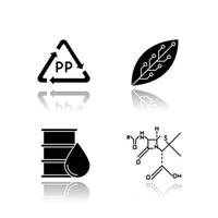 ciência e natureza conjunto de ícones de glifo de sombra negra. produtos de biotecnologia e nanotecnologia. reciclagem de materiais. trabalhando em laboratório. cientistas da microbiologia. ilustrações vetoriais isoladas vetor