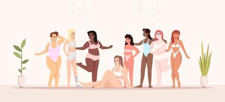 ilustração em vetor plana positiva de corpo. luta pela igualdade e feminismo. interior interno. senhoras sorridentes de diferentes nacionalidades. flores em vaso. mulheres vestidas com maiôs personagens de desenhos animados