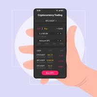 bitcoin trading modelo de vetor de interface de smartphone. layout de design em preto da página do aplicativo móvel. tela de saldo de criptomoeda. interface do usuário plana para aplicação. mão segurando o telefone com valor btc no visor