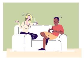 noite familiar relaxar ilustrações vetoriais planas. jovem esposa conversando com o marido no sofá. amigos fofocando, bebendo chá, personagens de desenhos animados de café com elementos de contorno em fundo verde vetor