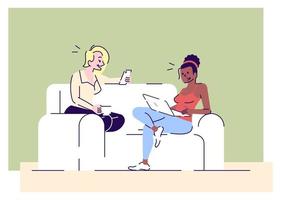 meninas relaxam com ilustrações de vetor plana de gadgets. amigas e colegas de quarto discutindo atualizações de postagens nas redes sociais. mulheres fofocando personagens de desenhos animados com elementos de contorno em fundo verde