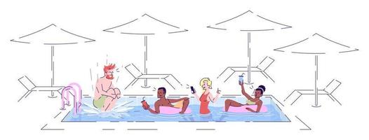 piscina diversão ilustração vetorial plana. amigos relaxando, pulando na água, bebendo coquetéis em personagens de desenhos animados isolados de resort marítimo com elementos de contorno em fundo branco vetor