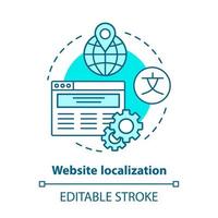 ícone de conceito azul de localização de site. ilustração de linha fina de ideia de tradução de site. lançar gerenciar página da web multilíngue, seo internacional. desenho de contorno isolado do vetor. curso editável vetor