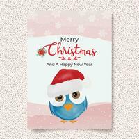 Feliz Natal cartão aquarela bonito pássaro com chapéu de Papai Noel, cartão de felicitações. vetor