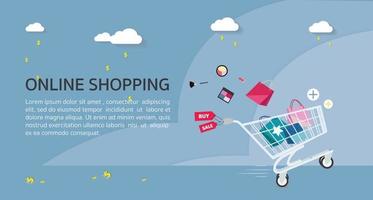 conceito de compra online. Ilustração vetorial do conceito de compra online. Banner de compra online, banner de venda com carrinho de compras completo vetor