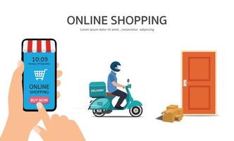 compras online no site ou marketing de conceito de vetor de aplicativo móvel e marketing digital. mão segurando o smartphone e clique no serviço de entrega de application.scooter móvel.