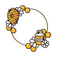 mel círculo ilustração em vetor quadro amarelo e preto. modelo redondo com pote de mel de abelha, flores, colmeia, colmeia e favos de mel. cartoon doodle estilo mão desenhada desenho arte isolada