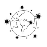 Os símbolos dos ícones da terra com o conceito de design dos símbolos do vírus covid-19 do coronavírus doenças contagiosas graves se espalharam por todo o mundo. ícone de linha fina na ilustração vetorial de fundo branco vetor