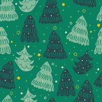 padrão festivo de natal sem costura no fundo verde bonito mão desenhar camadas pinheiro e estrelinhas vetor
