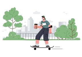 jovem adolescente do sexo masculino com fones de ouvido andando de skate no parque, ouvindo música, podcasts, ilustração de summer.vector. vetor