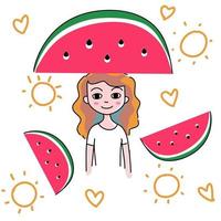 menina com melancia em vetor de desenho animado de mão desenhada de verão