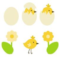 frango com casca e sem, pássaro da páscoa e ovo, clipart de flores e animais simbólicos vetor