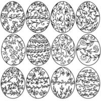 conjunto de ovos com contorno de páscoa com padrões de plantas, página para colorir de contorno em um tema festivo vetor