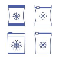 conjunto de sacola de alimentos congelados de vetor. saco de congelamento. recipientes e sacos para produtos alimentares semi-acabados congelados. embalado a vácuo para congelamento de alimentos. conjunto de ícones de cor azul. contorno do vetor